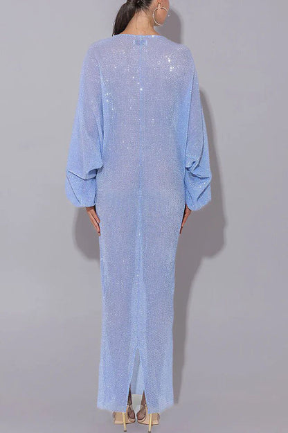 Modern Elegance Sequin Sheer Long Relaxed Sleeve Ruched Drape Maxi Dress