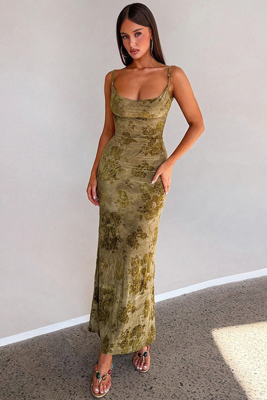 Floral Burnout Velvet Spaghetti Strap Chain Back Bodycon Maxi Dress