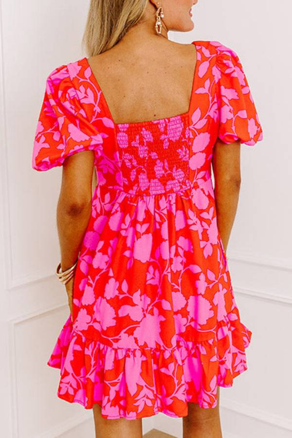Floral Print Sweetheart Neck Puff Sleeve Empire Waist Ruffle Mini Dress