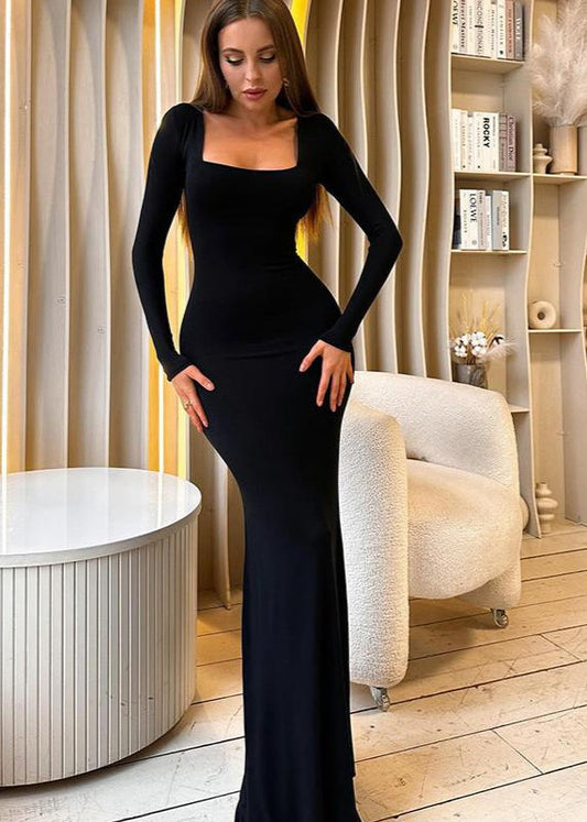 Square Neck Long Sleeve Mermaid Hem Bodycon Maxi Dress