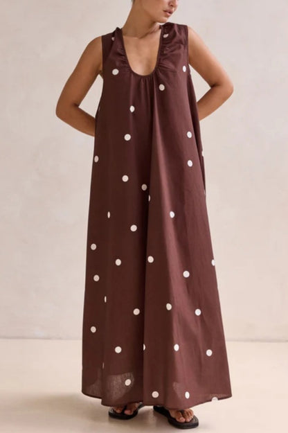 Striped Polka Dot Print Loose Sleeveless Casual Vacation Maxi Dress