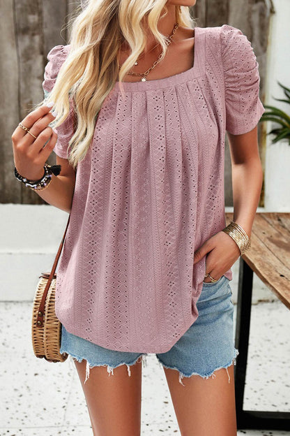 Square Neck Puff Sleeve Hollow Out Blouse