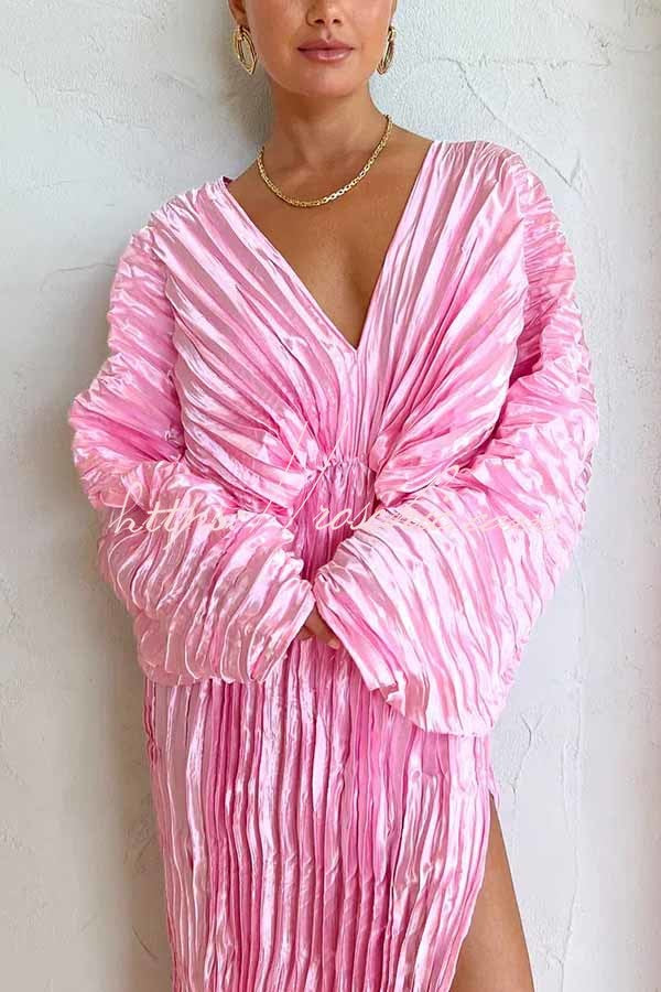 Sculpturally Luxurious Kimono Sleeve Pleated Cocoon Maxi Dress