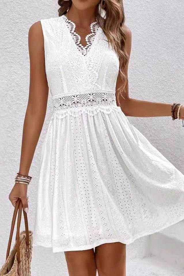 Sleeveless V-Neck Crochet Lace Waistband Eyelet Panel A-Line Mini Dress