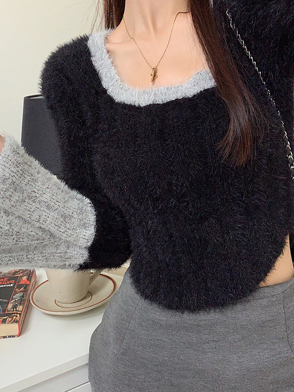 Contrast Color Splice Trumpet Sleeve Slim Sweater