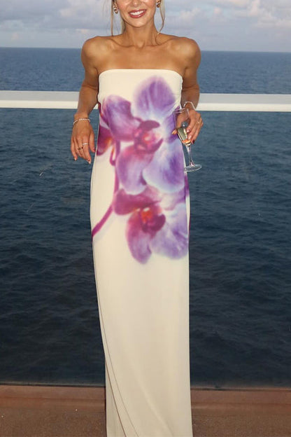 Elegant Strapless Floral Print Maxi Dress