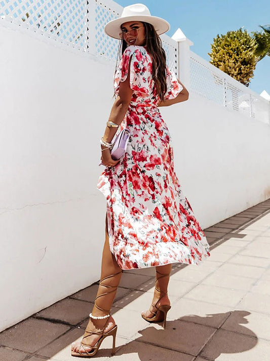 Summer Midi Dress White V-Neck Lace Up Floral Print Beach Dress