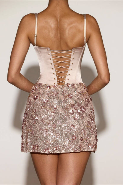 Satin Corset Bodice Scoop Neck Sequin Embellished Drop Waist Mini Dress