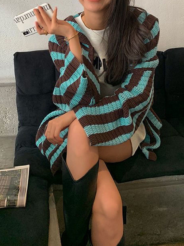 Knit Contrast Color Stripe Hooded Cardigan