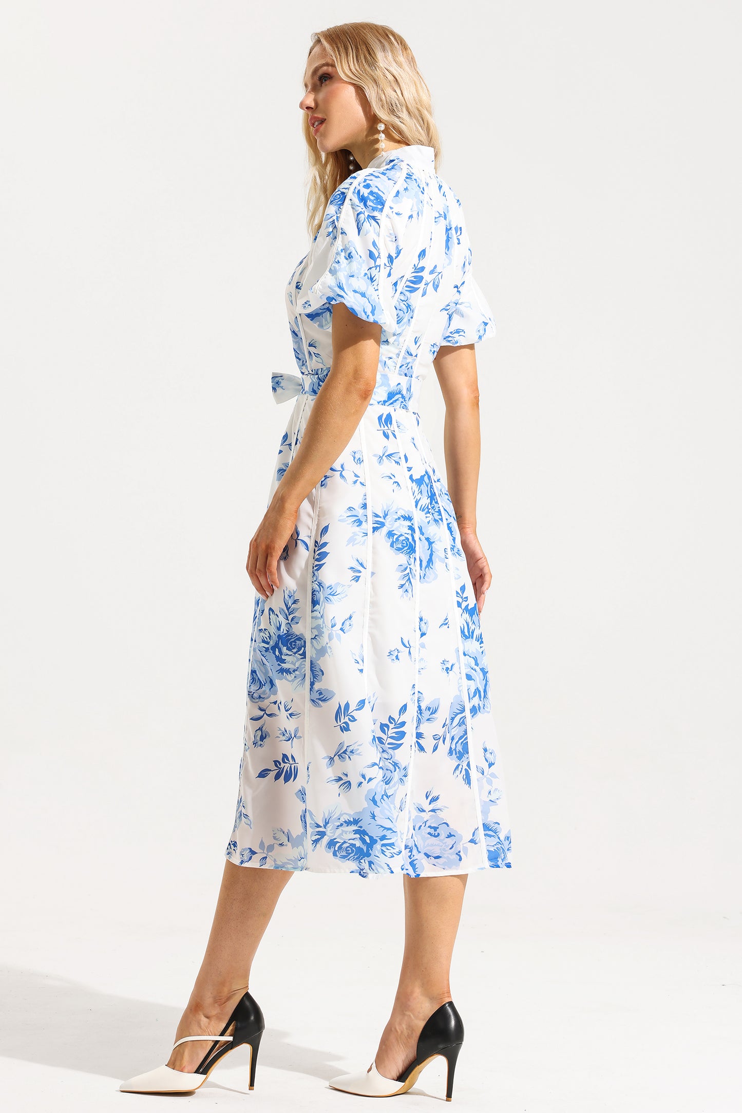Floral Single Breasted Puff Sleeve Midi Dress With Belt