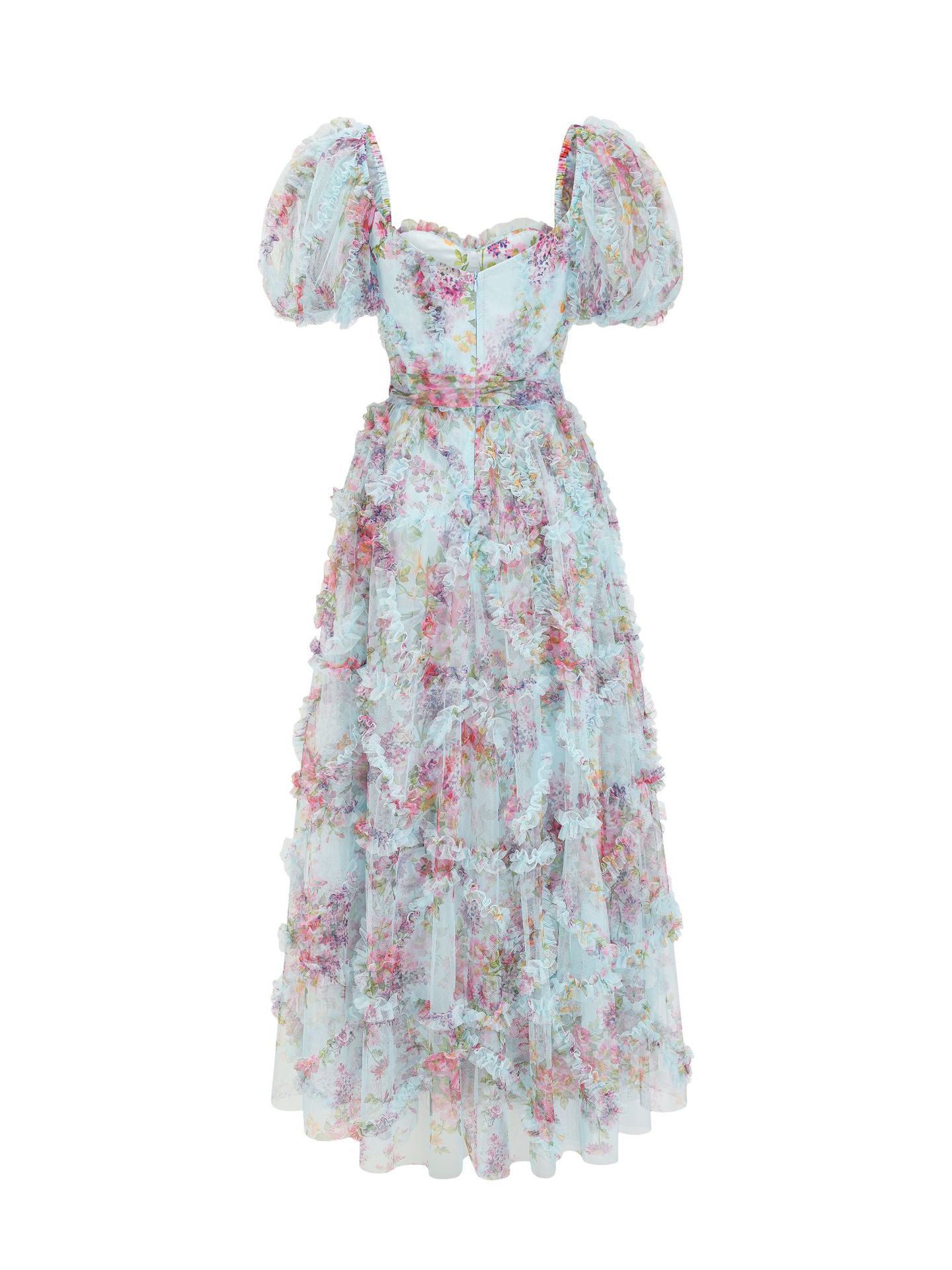 Floral Dress Floral Print Puff Sleeves Belted Sweet Party Prom Maxi Dresses