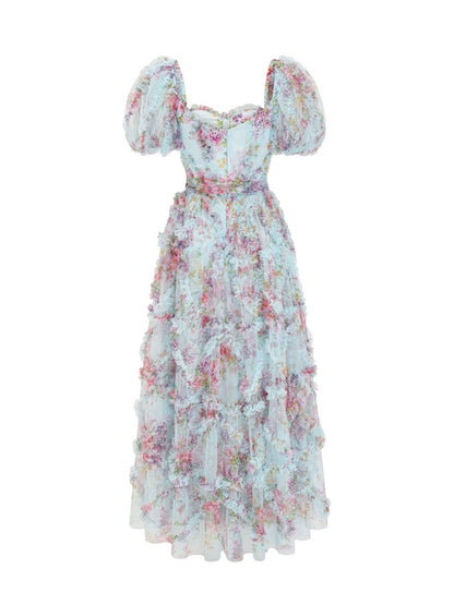 Floral Dress Floral Print Puff Sleeves Belted Sweet Party Prom Maxi Dresses
