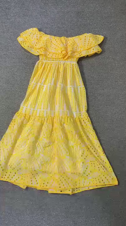 Off Shoulder Smocked Eyelet Embroidered Tiered Ruffle Maxi Dress