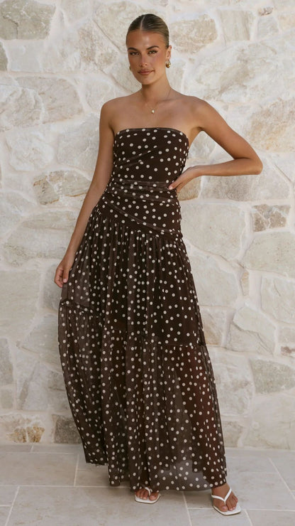 Polka Dot Strapless Ruched Maxi Dress