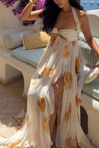 Romance and Freedom Floral Print Ruffles Halter Backless Slit Maxi Dress