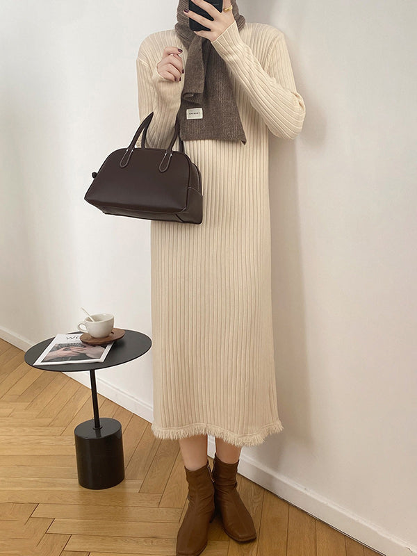 Long Sleeves Loose Fringed Solid Color Mock Neck Midi Dresses Sweater Dresses