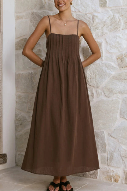 Solid Color Pleated Square Neck Suspender Casual Midi Dress