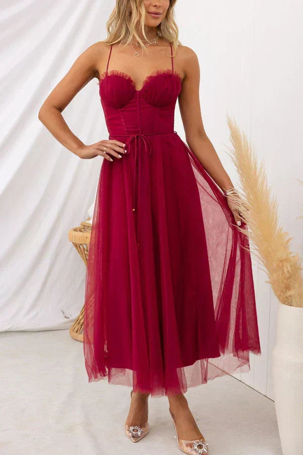 Sweetheart Neck Spaghetti Strap Corset Lace Up Tulle Skirt Midi Dress