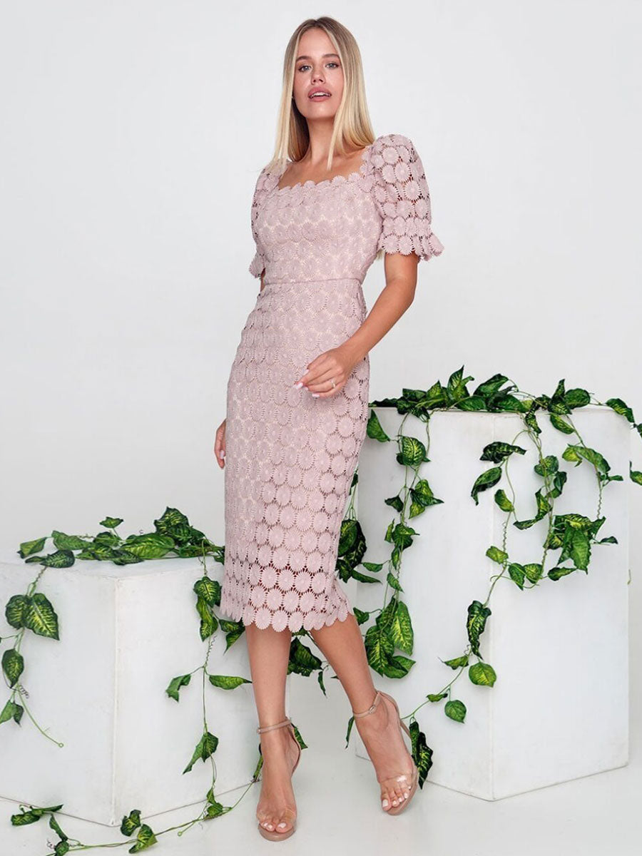 Lace Sexy Square Neck Short Sleeves Midi Dress
