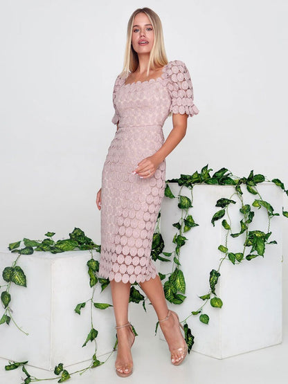 Lace Sexy Square Neck Short Sleeves Midi Dress