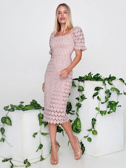 Lace Sexy Square Neck Short Sleeves Midi Dress