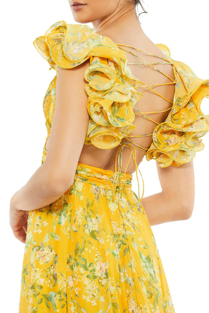 Floral V-Neck Cut-Out Backless Ruffle Hem Maxi Dress Yellow