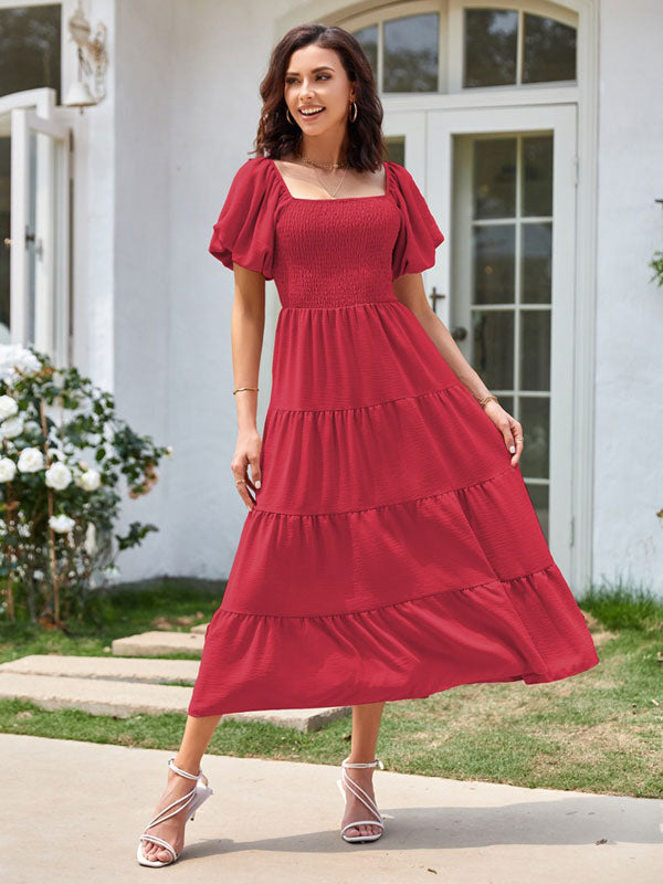 Summer Midi Dress Pink Bateau Neck Pleated Beach Dress