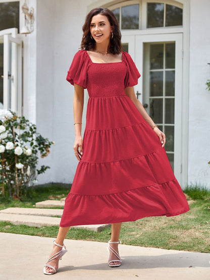 Summer Midi Dress Pink Bateau Neck Pleated Beach Dress
