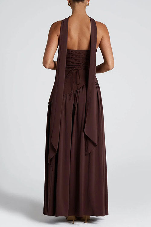 Strapless Back Lace-up High Slit Splice Maxi Dress
