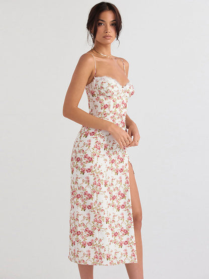 Floral Print Lace Backless Bohemian Straps Neck Midi Dress