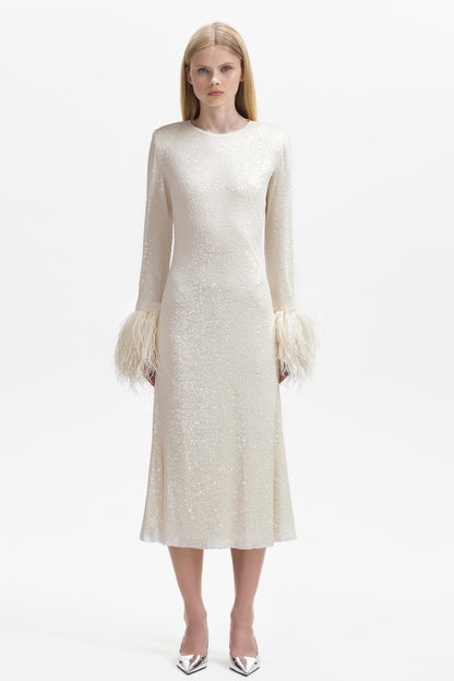 Sequin Feather Round Neck Midi Dress
