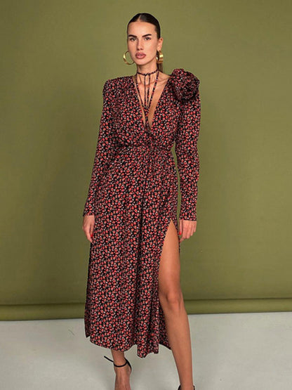 Floral Dress Bloosm Plunge High Slit Long Sleeves Busniess Casual Maxi Dresses