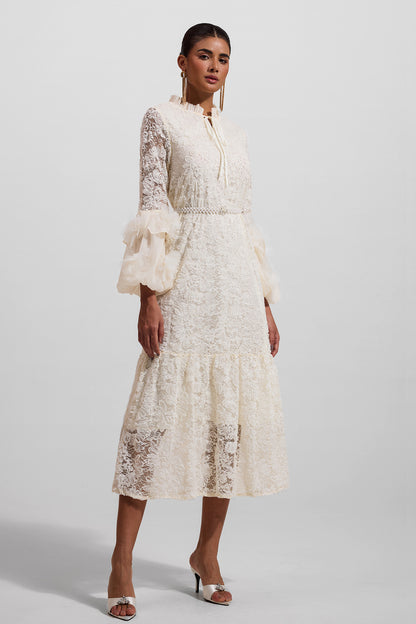 Solid Lace 3D Floral Midi Dress With Faux Pearl Belt
