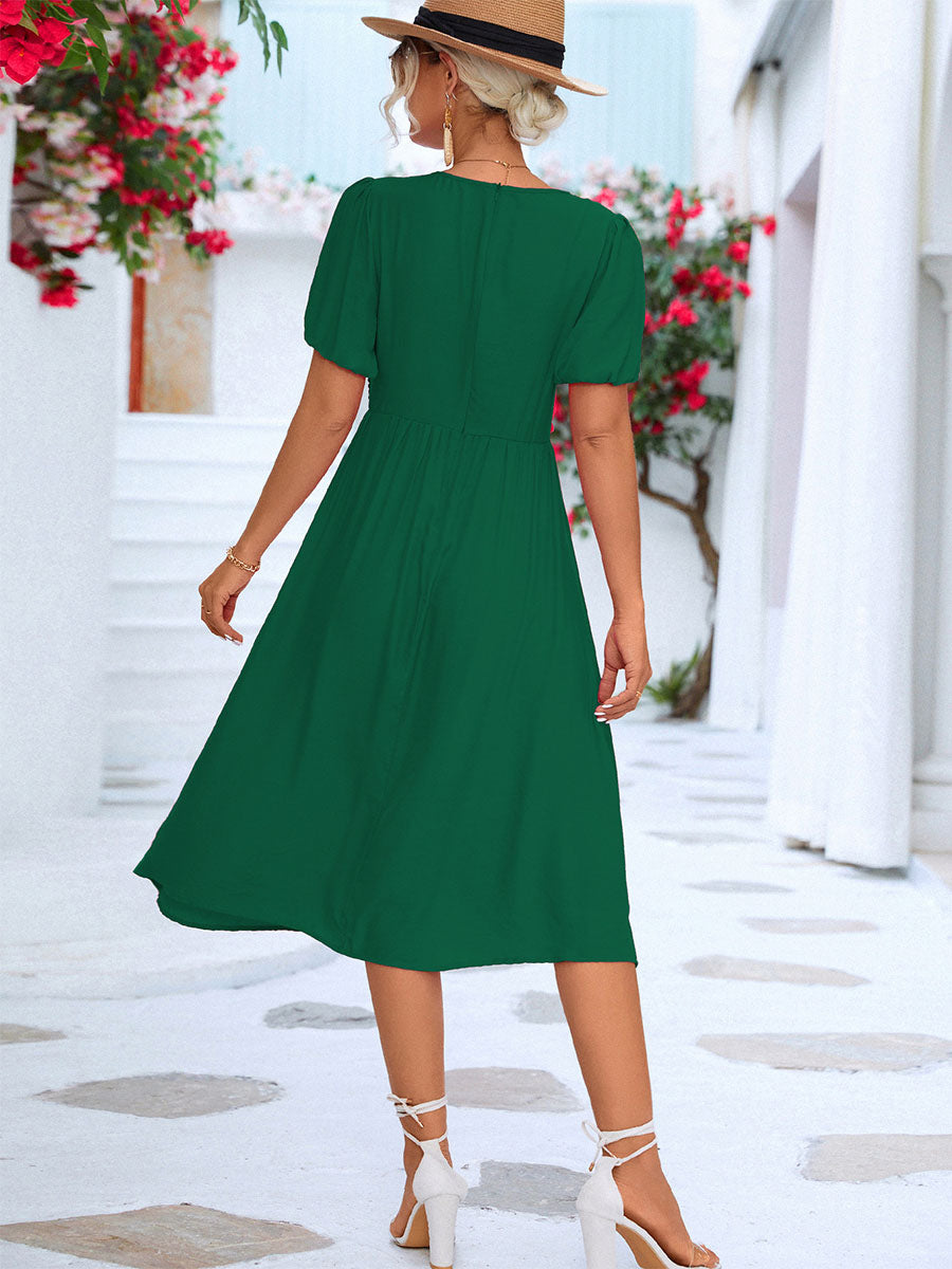 Pleated Casual V-Neck Short Sleeves Midi Dress