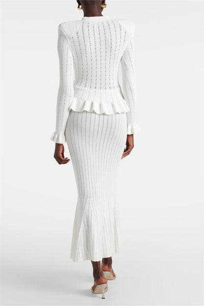 Solid Metal Button Top ?High Waist Knit Midi Dress Set