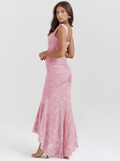 Lace Embellished Dress Sleeveless Gathered High-Low Prom Maxi Dresses