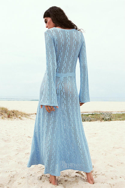 V-Neck Long Sleeve Sweater Midi Dress