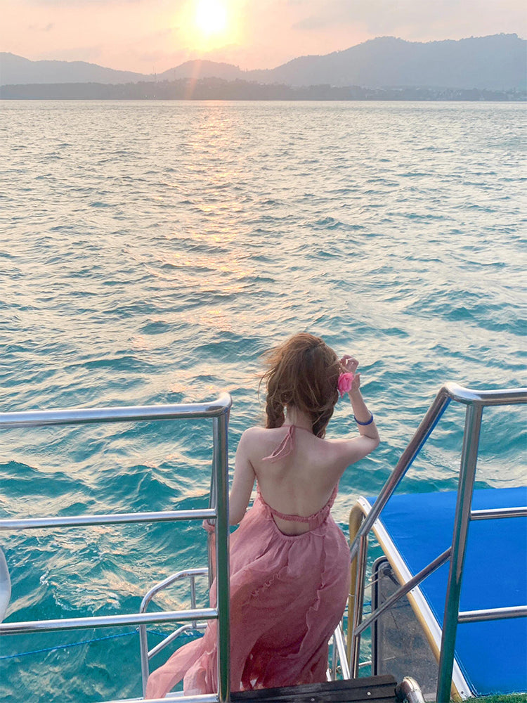 Blush Pink Halter Backless Maxi Dress – Dreamy Vacation & Beach Photoshoot Look