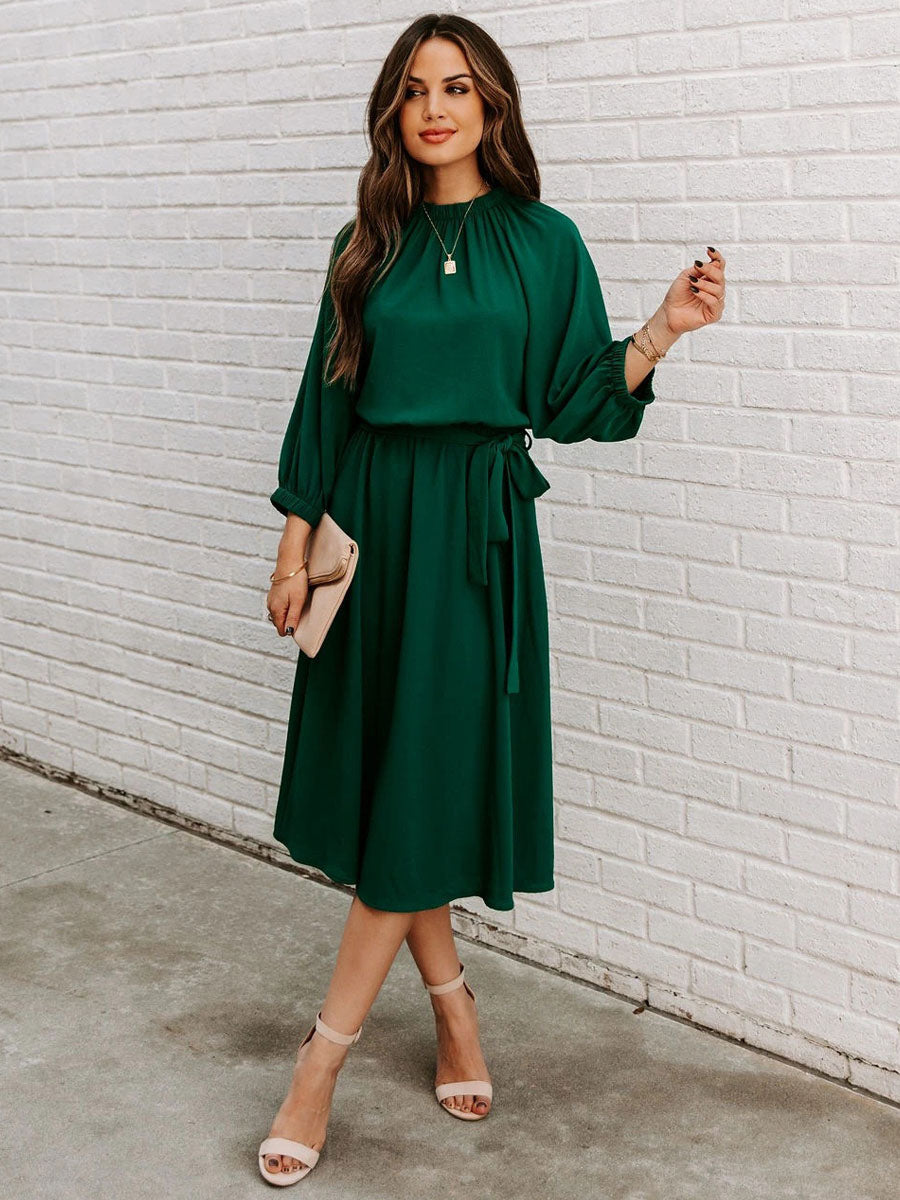 Sash Jewel Neck 3/4 Length Sleeves Midi Dress