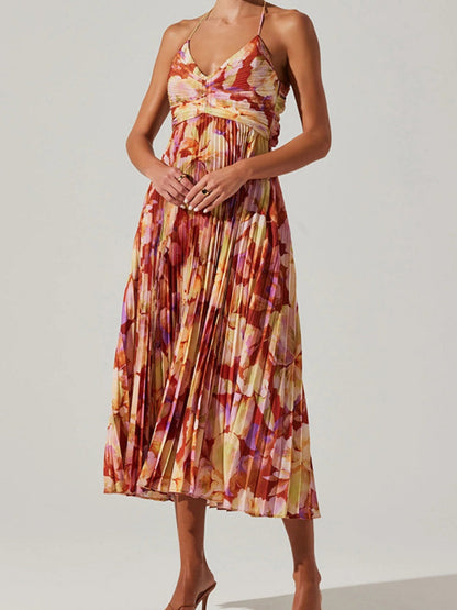 V-neck Camisoles Backless Graffiti Maxi Dresses