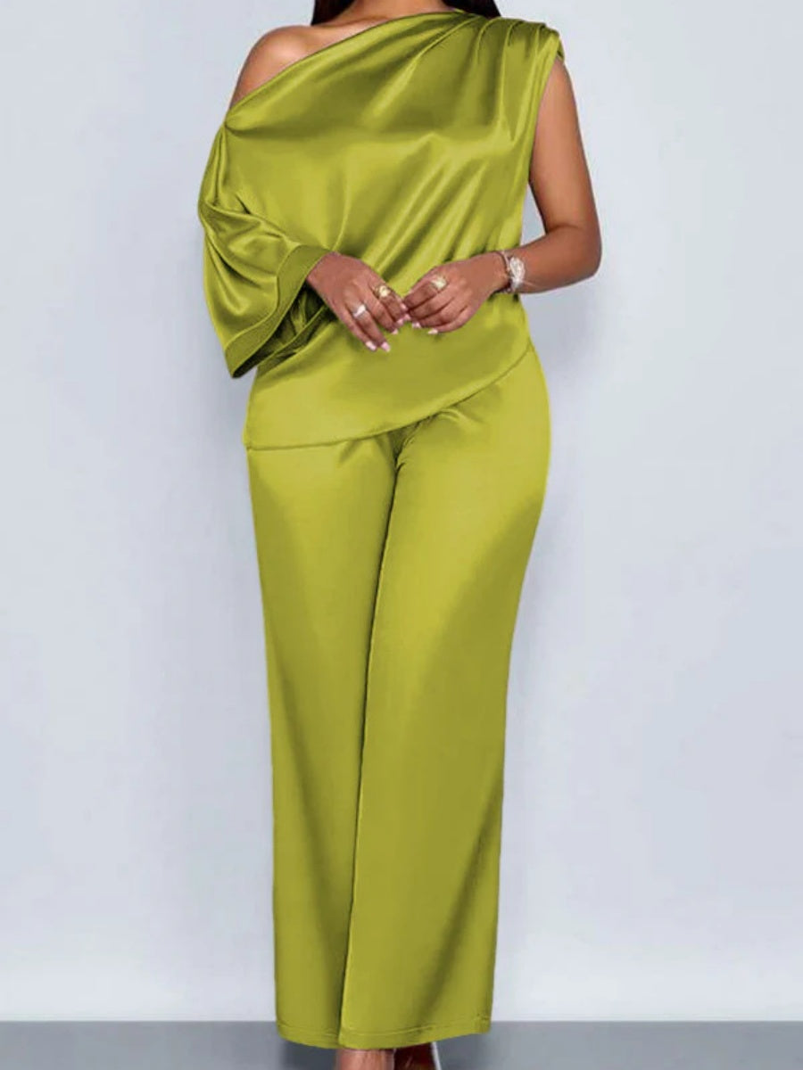 Satin Sloping Shoulders Short Sleeve Jacket Wide-leg Pants Set 2-piece Sets