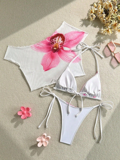 Finalized Floral Print Tie-up Bikini Three-piece Set