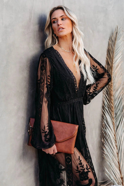 Deep V Neck Floral Lace Embroidered Long Sleeve Side Slit Maxi Dress