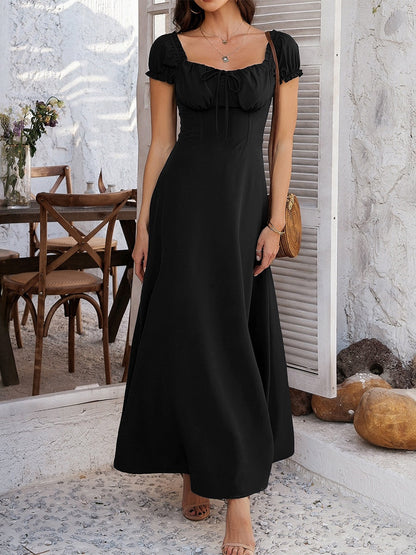 Tie-waist Ruched Puff Sleeve Long Dress