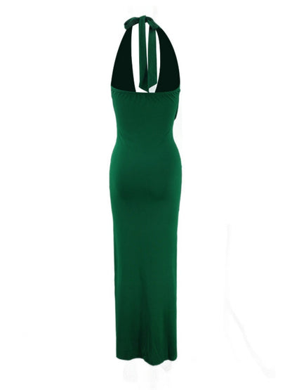 V-neck Halter Temperament Pleated Hip-hugging Big Backless Midi Dresses