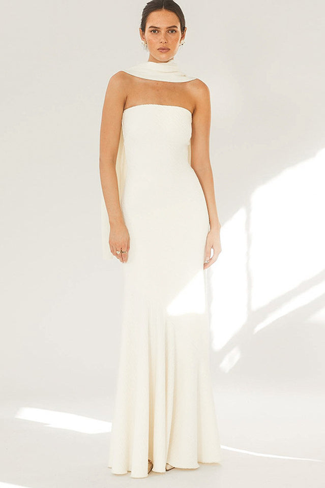 Strapless Rib Knit Neck Scarf Trumpet Hem Mermaid Maxi Gown