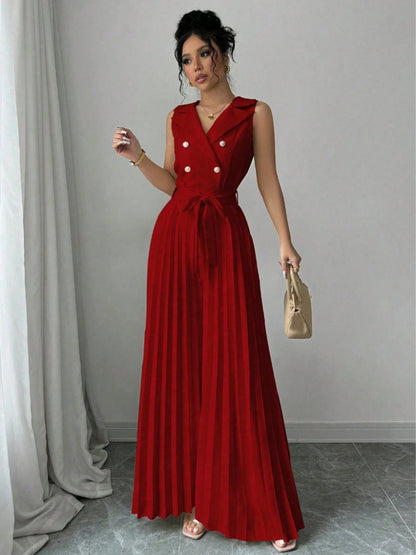 Commuting Suit Collar Pleated Pants Double-breasted Jumpsuits