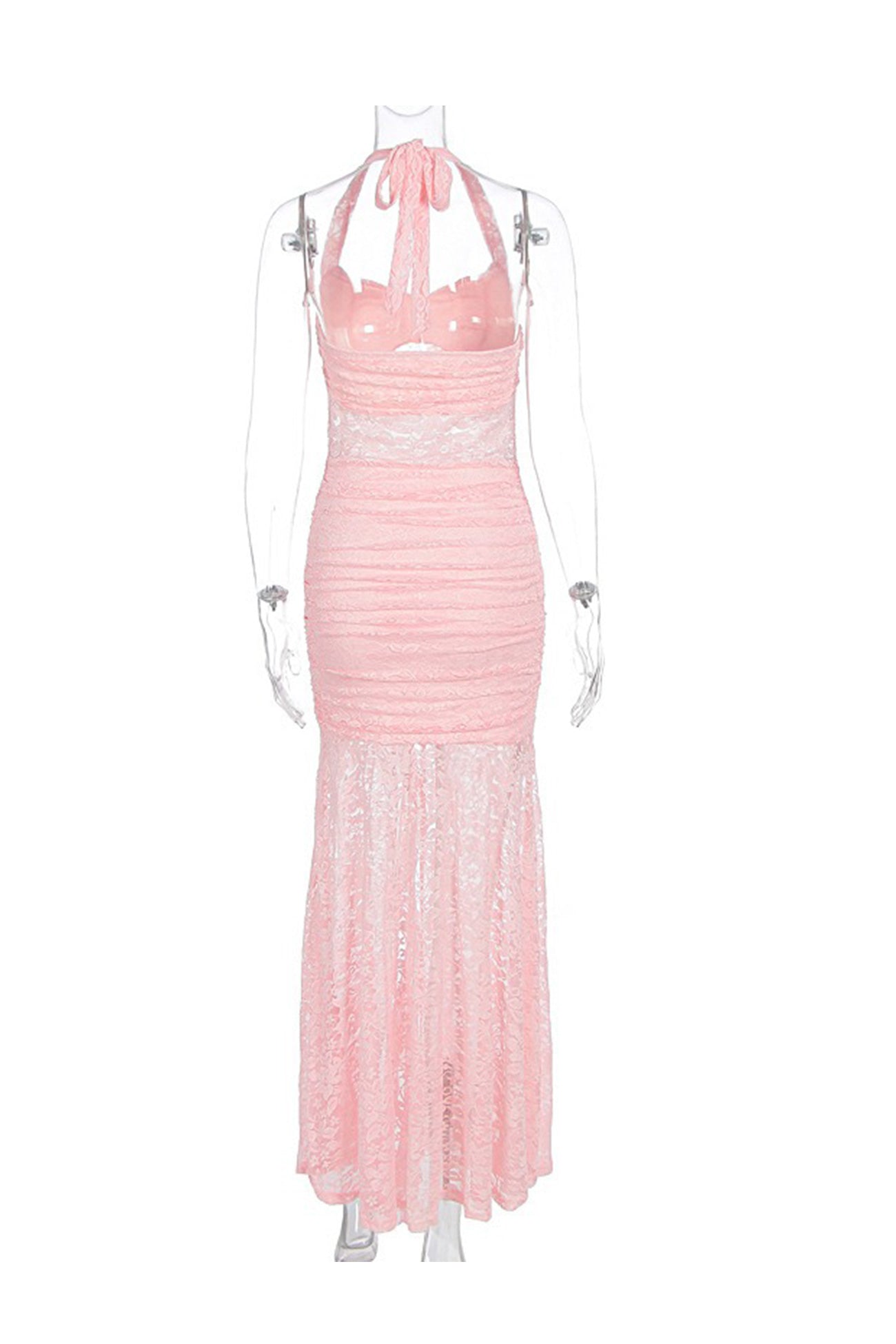 Halterneck Lace Patchwork Ruched Dress
