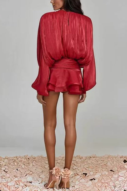 Margovil Lantern Long Sleeves Draped Ruffle Layered Mini Dress with Shorts