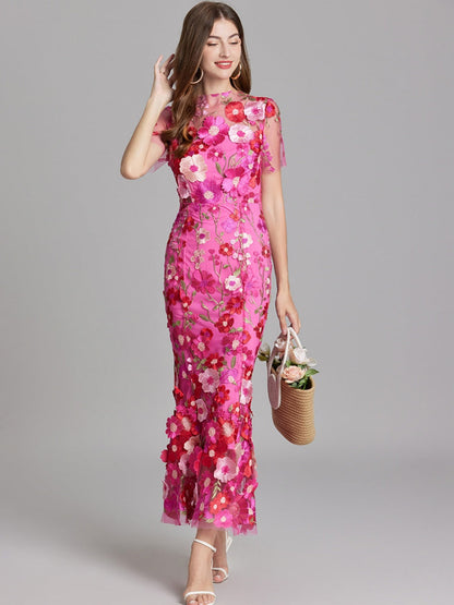 Embroidered 3D Floral Fitted Waist Short-sleeved Long Dress